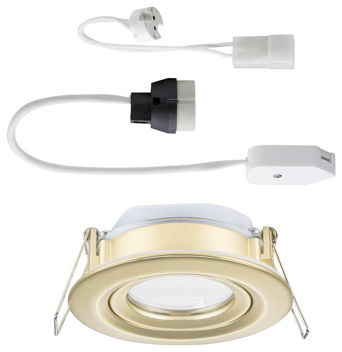 Einbaustrahler mit goldenem Gehäuse und Anschlusskabel-Set, bestehend aus Steckverbindung und Adapter, zur Deckenmontage.