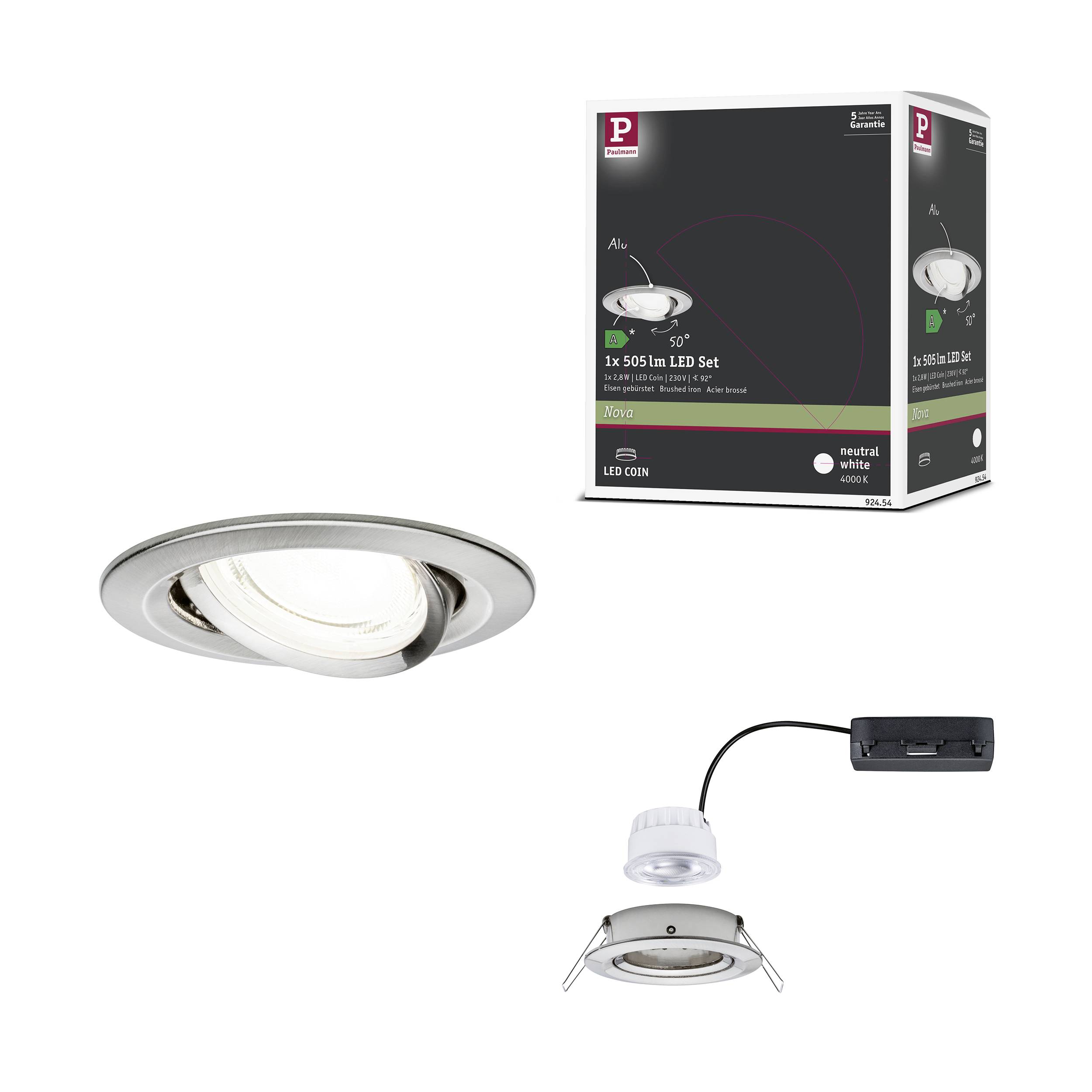 Ein LED-Einbaustrahler-Set mit einem neutralweißen Licht, 505 lm. Verpackung zeigt Spezifikationen und Bild des Produkts.