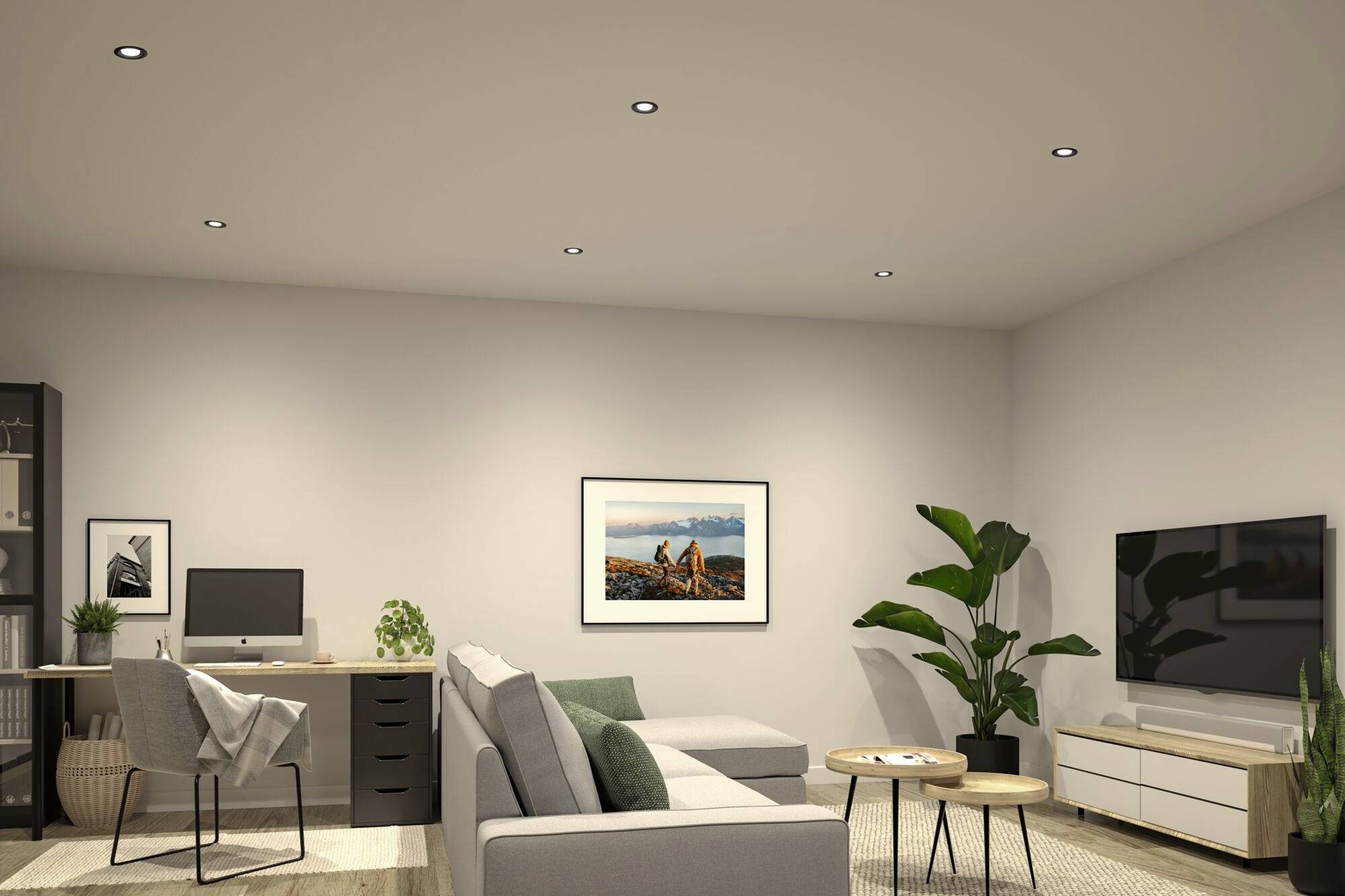 Helles Wohnzimmer mit modernem Sofa, dekorativen Pflanzen, Schreibtisch mit Computer, Wandbild und großem Fernseher auf Holzmöbel.