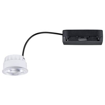 Ein runder, weißer LED-Spot mit einem schwarzen Gehäuse verbunden durch ein kurzes Kabel. Das Gehäuse ist rechteckig und kompakt.