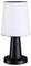 Eine schwarze Lampe mit weißem Lampenschirm, modern und schlicht gestaltet. Steht auf einem zylindrischen Sockel.
