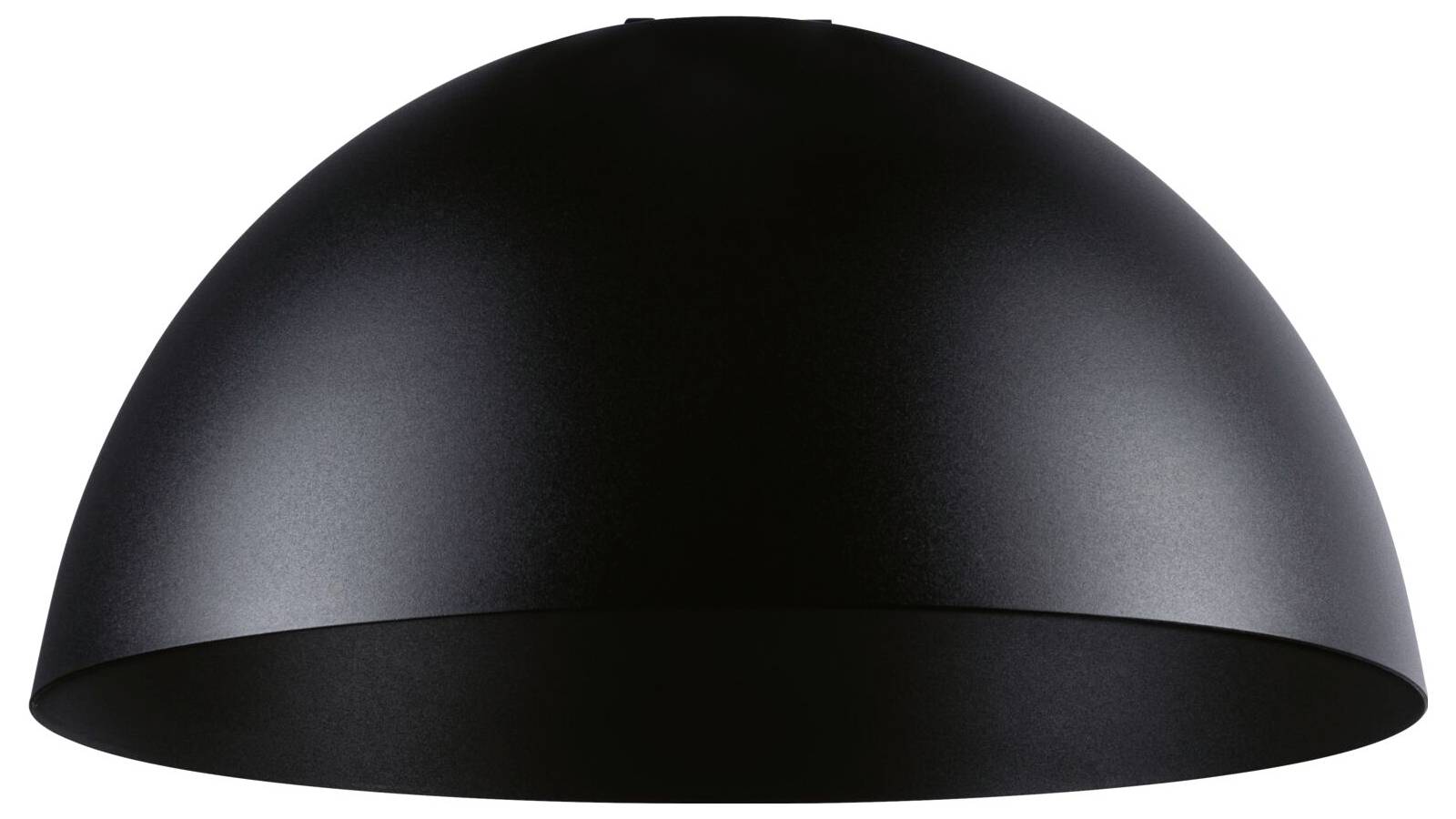 Eine halbkreisförmige schwarze Lampe in Dunkelheit, die nach unten abstrahlt, typisch für modernes Innendesign.