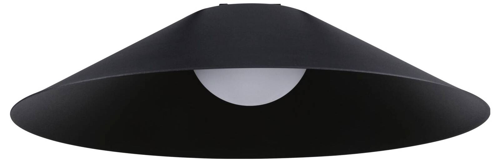 Schwarze, konische Deckenleuchte mit zentraler weißer Glühbirne, schlichter, moderner Stil.