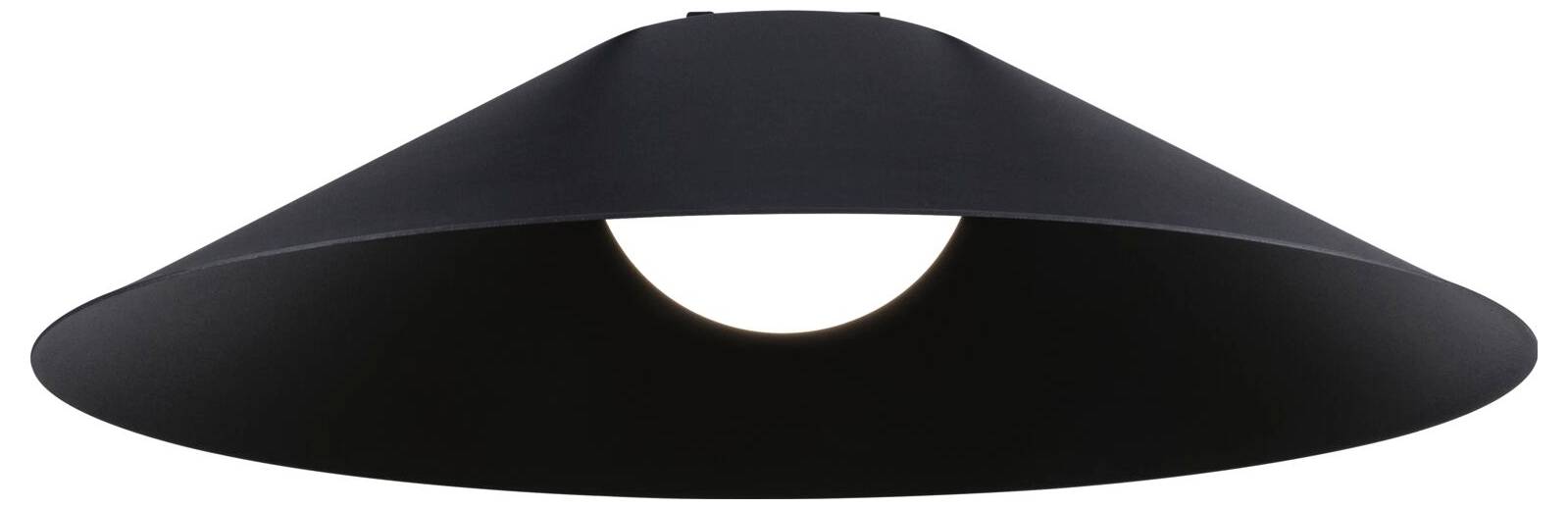 Pendelleuchte mit einem breiten, schwarzen Lampenschirm in Kegelform, der das Licht einer zentralen Glühbirne fokussiert.