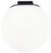 Eine runde, weiße Deckenleuchte aus Glas mit einem schwarzen Sockel. Ideal für moderne Innenräume.