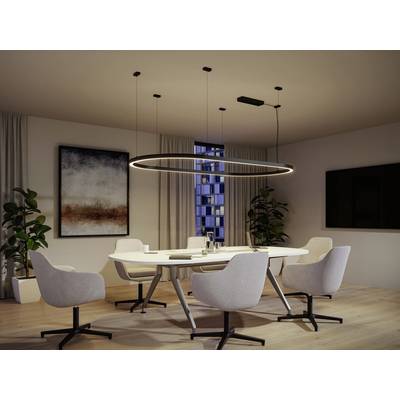 Ein modern eingerichtetes Besprechungszimmer mit einem großen ovalen Tisch, sechs gepolsterten Stühlen und einem großen, kreisförmigen Deckenleuchter.