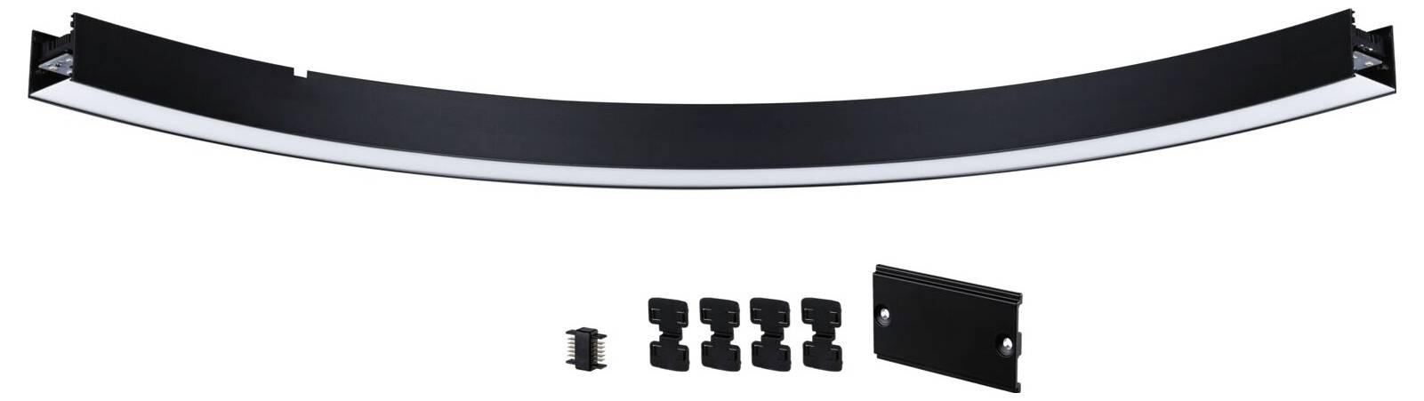 Schwarzes gebogenes LED-Leuchtengehäuse mit Montagezubehör, darunter Halterungen und Schrauben, auf weißem Hintergrund.
