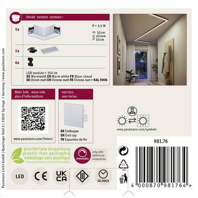 'Produktverpackung für eine LED-Leuchte mit textlichen Informationen: LED-Modul 350 lm, warmweiße Farbe, Länge 40 cm. Enthält Symbole für recyclingfreundliche Verpackung.'