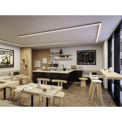 Gemütliches Café mit Holzmöbeln, einem Tresen im Hintergrund, und einem Menü an der Wand. Einladend für Kaffeetrinker.