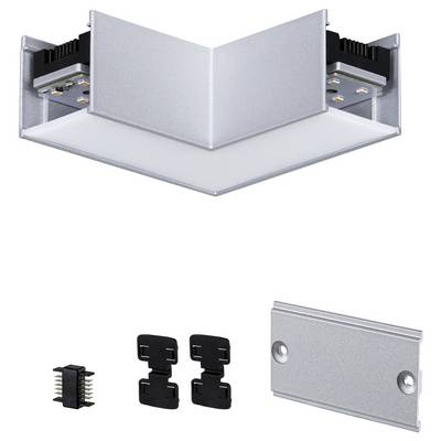 Silberne L-förmige Aluminiumschiene für LED-Lichtstreifen, inklusive Montagezubehör und Endkappen, auf weißem Hintergrund abgebildet.