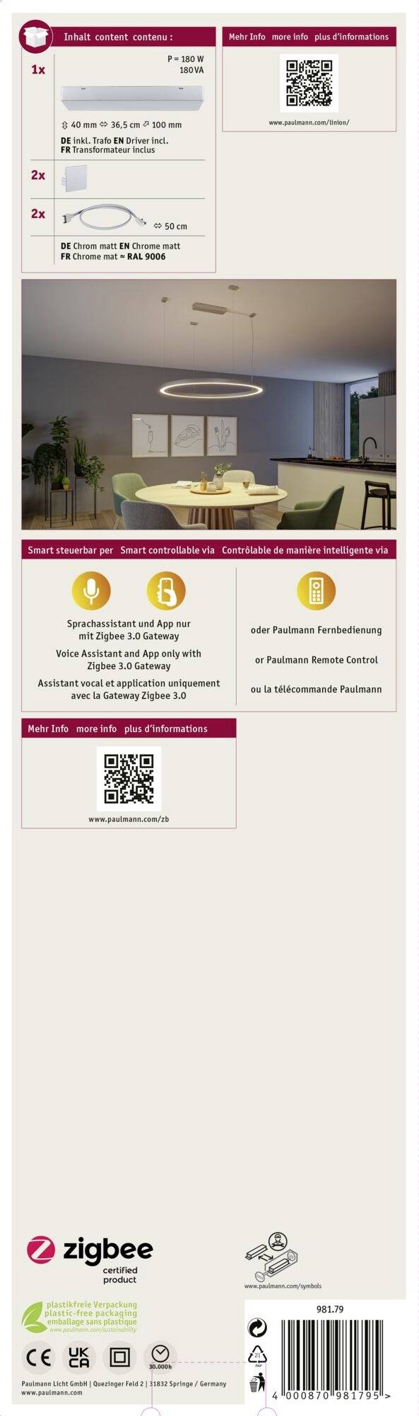 'Paulmann Dinora Zigbee LED Deckenleuchte' zeigt kreisförmige LED-Leuchte über einem Tisch in einem modernen Raum. QR-Codes vorhanden.