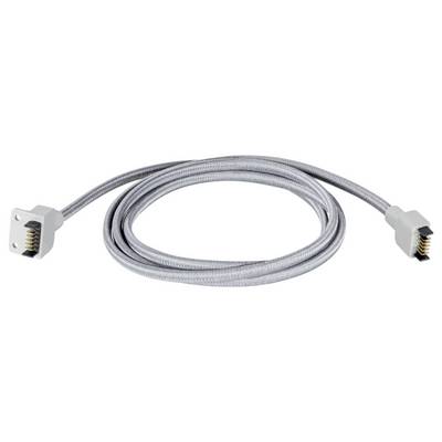 Ein silbernes, geflochtenes Kabel mit zwei rechteckigen Anschlüssen, das für die Verbindung von elektronischen Geräten verwendet wird.