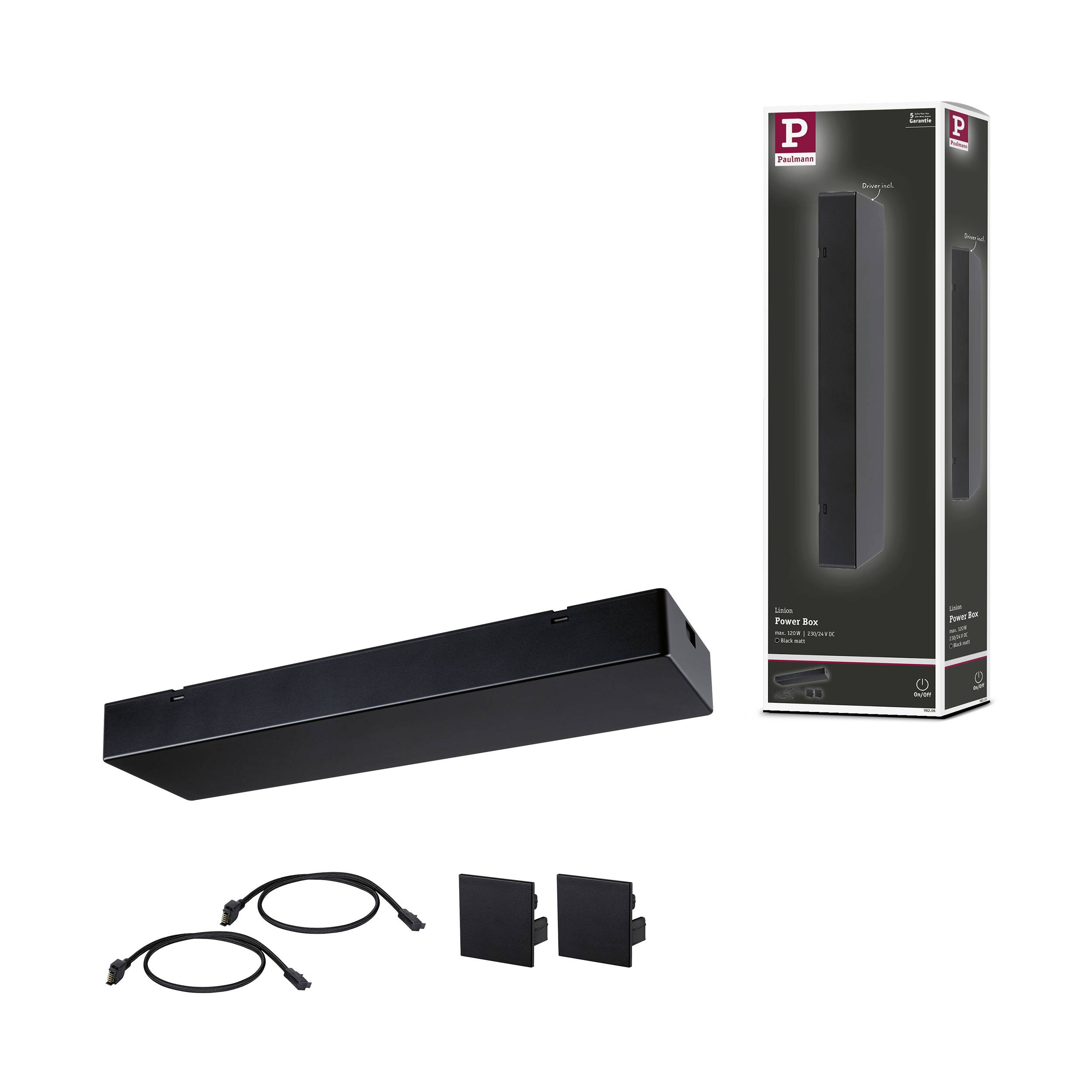 Ein schwarzes Rechteck-Bleimodul, zwei Kabel, zwei schwarze Steckverbinder und eine Verpackung mit 'Proxima Press Box' Aufschrift.