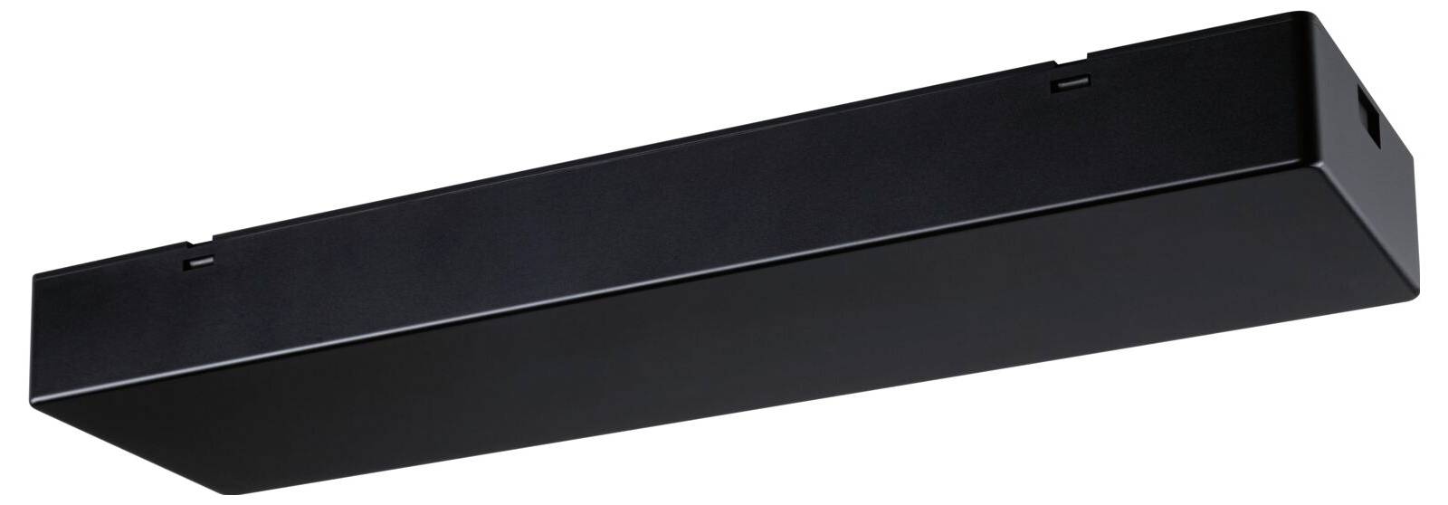 Schwarzes, rechteckiges Gehäuse, möglicherweise ein Lautsprecher oder eine Beleuchtungseinheit, ohne sichtbare Logos oder Markierungen.