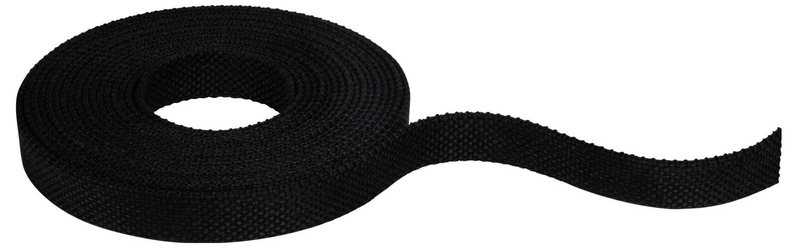 Eine lange, aufgewickelte Rolle aus schwarzem Ripsband.
