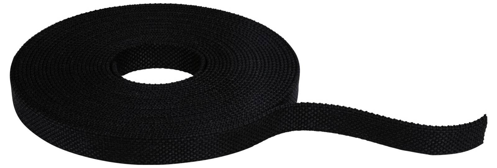 Eine schwarze Rolle Klettband mit einem losen Ende, das zum Einsatz in verschiedenen Anwendungen bereitsteht.