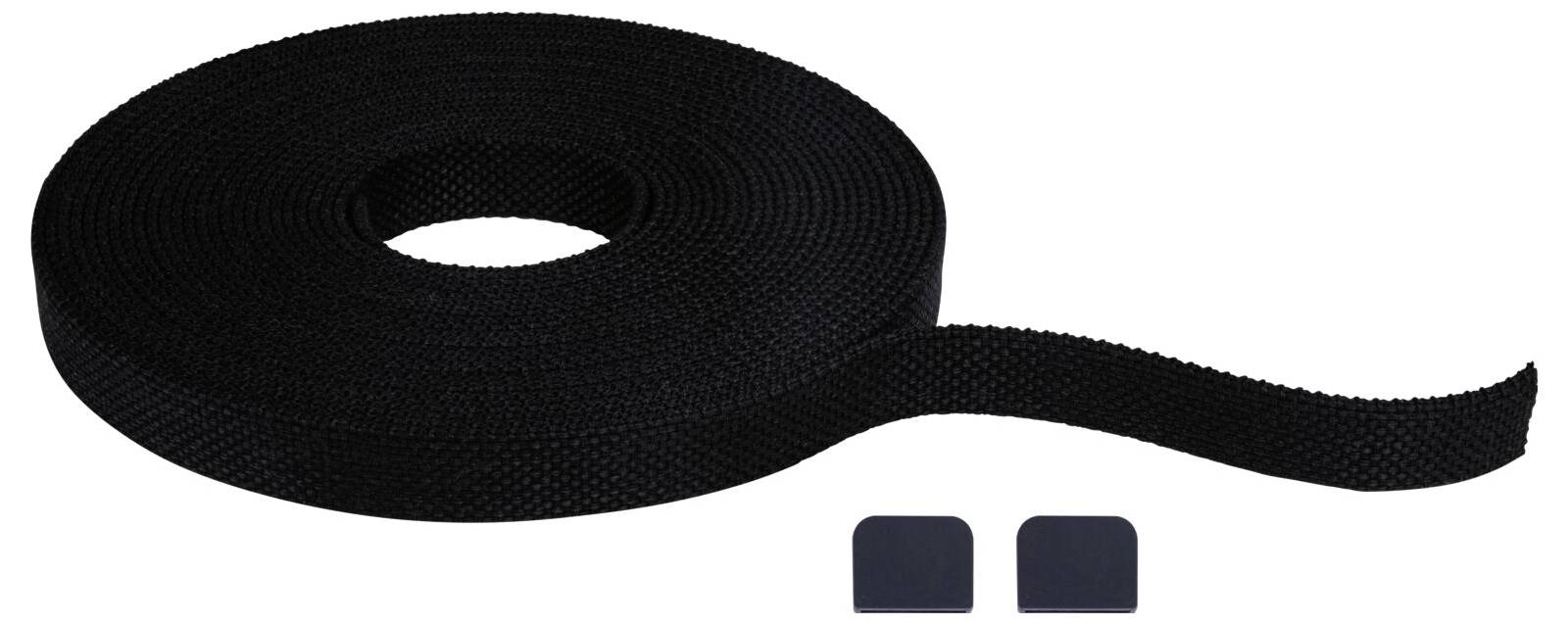 Eine schwarze Rolle Klettband mit zwei rechteckigen Endstücken daneben. Das Band ist für vielseitige Befestigungszwecke geeignet.