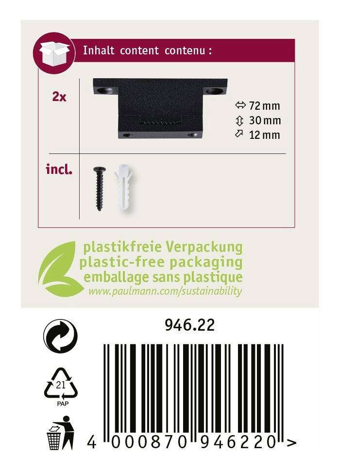 'Inhalt: 2x Wandhalterung, inkl. Schrauben 72 mm, 30 mm, 12 mm. Plastikfreie Verpackung. Barcode und Recycling-Symbol.'
