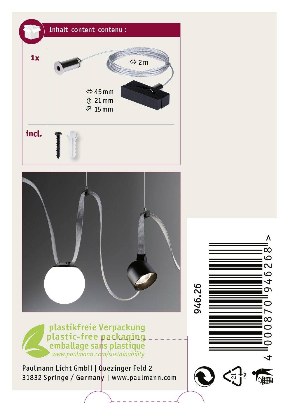 Das Bild zeigt eine Verpackung für einen Licht-Pendelleuchten-Kit, bestehend aus Fassung, Kabel (2 m) und Montagematerial.