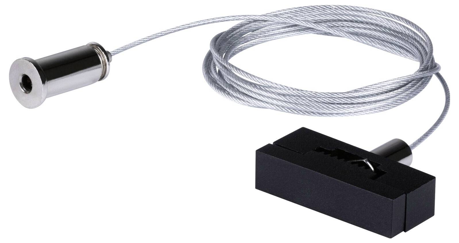 Stahlseil-Aufhängesystem bestehend aus einem Metallzylinder und einem blockförmigen Mechanismus zum Befestigen und Verstellen von Kabeln.