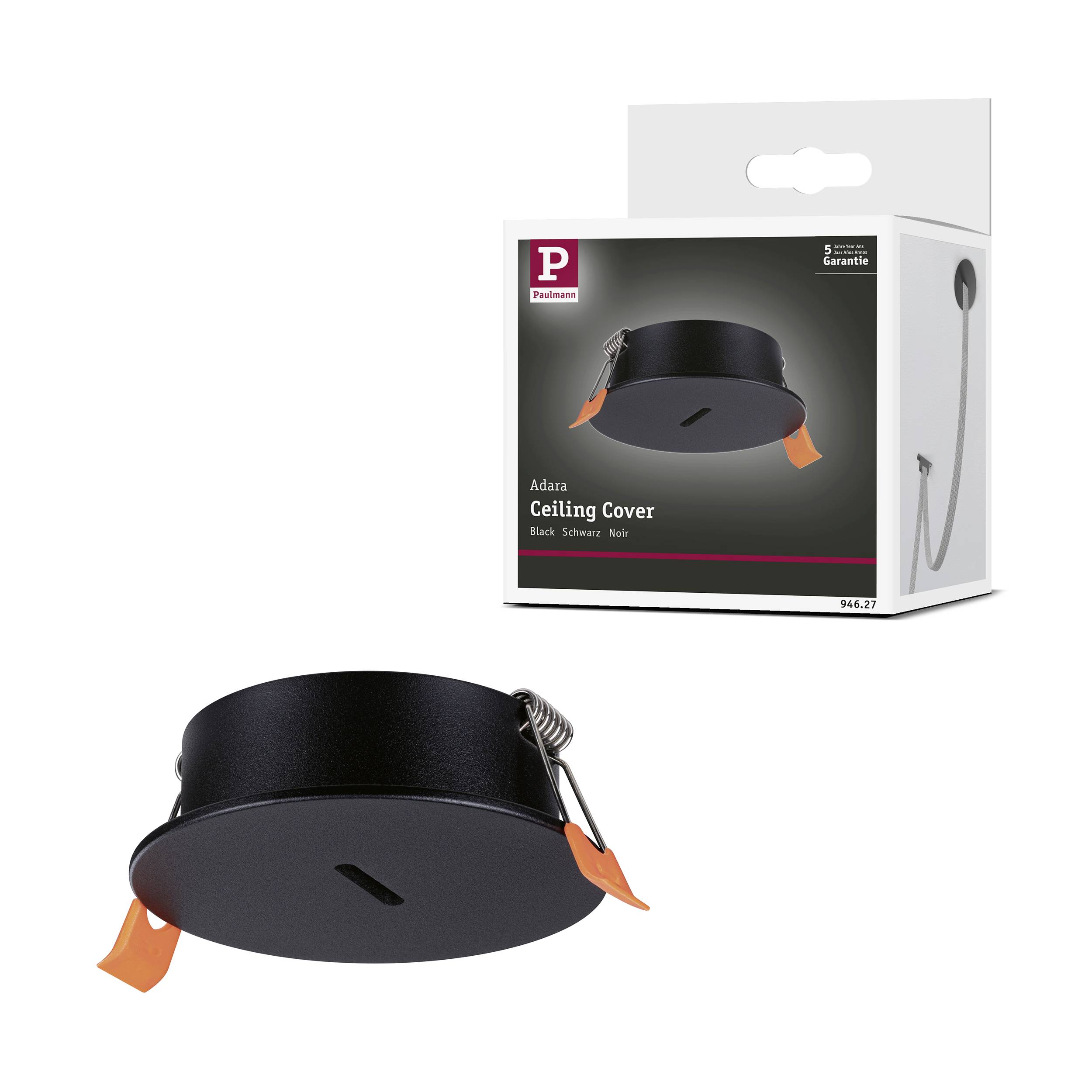 Schwarze Deckenabdeckung mit orangen Markierungen und Verpackung, Marke 'Paulmann Adura', ideal für Lampenmontage an der Decke.