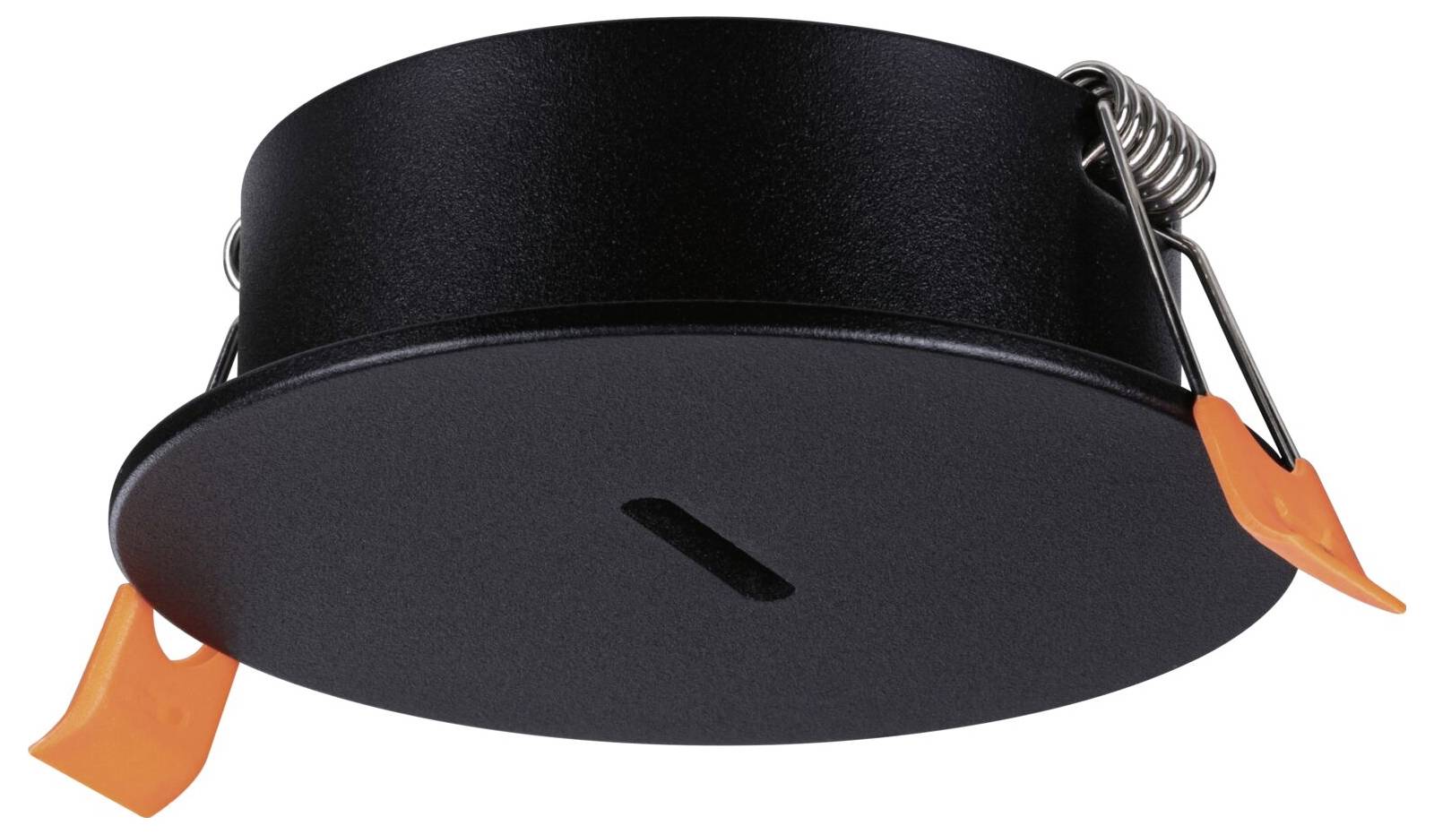 Runde schwarze LED-Einbauleuchte mit zwei orangen Montagespangen. Geeignet für moderne Innenraumbeleuchtung.