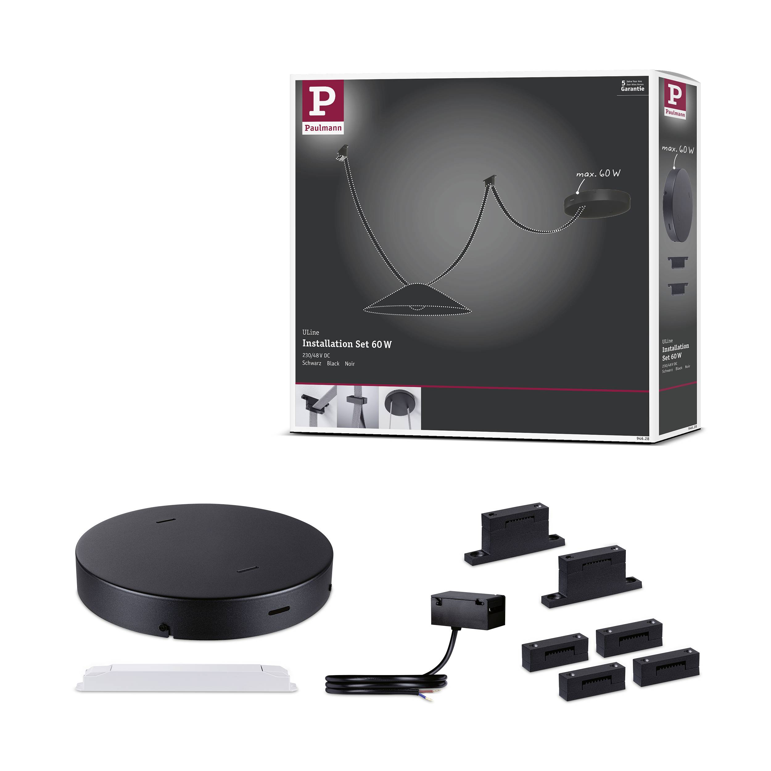 Installationsset für 60 W Beleuchtung. Enthält Verteiler, Kabel und Halterungen. Verpackung zeigt Markenlogo oben links.