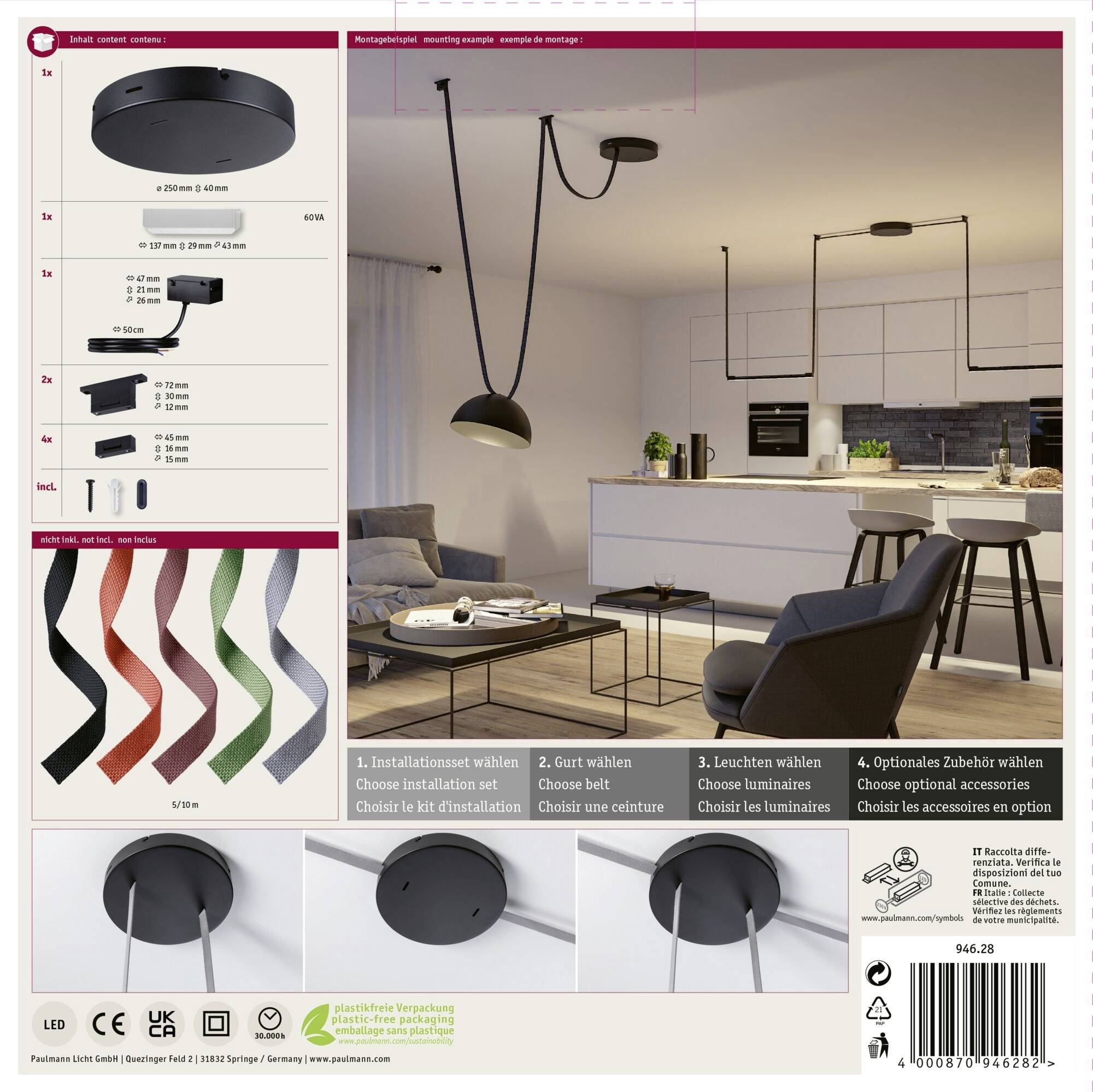Montageanleitung für ein Beleuchtungssystem in einem modernen Wohnzimmer. Enthält Maße, Installationsschritte und Farboptionen für Kabel.