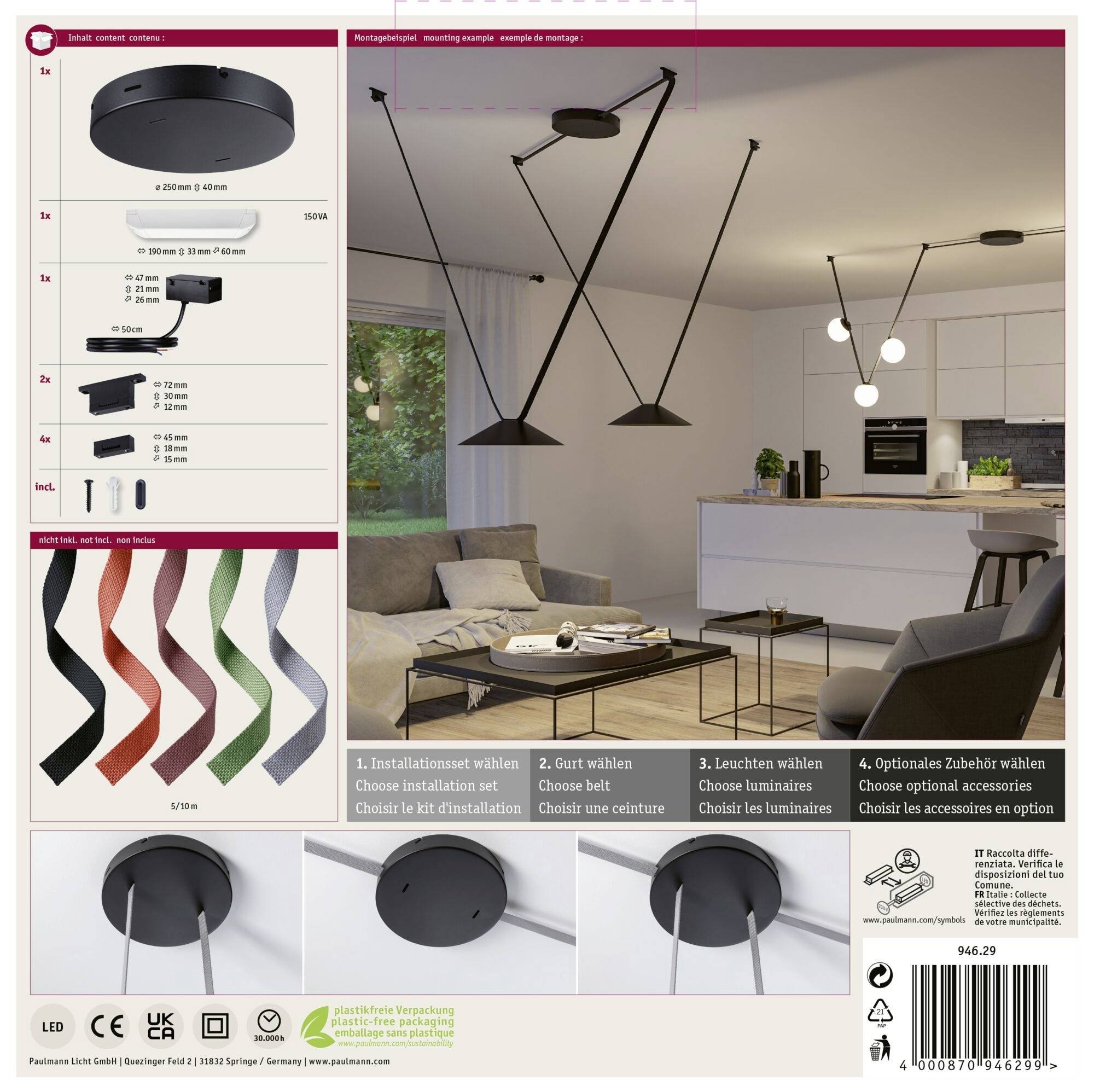 'Dekoratives Wohnzimmer mit moderner Hängelampe, flexible Installation. Verschiedene Lampenteile und Zubehör zur Auswahl.'