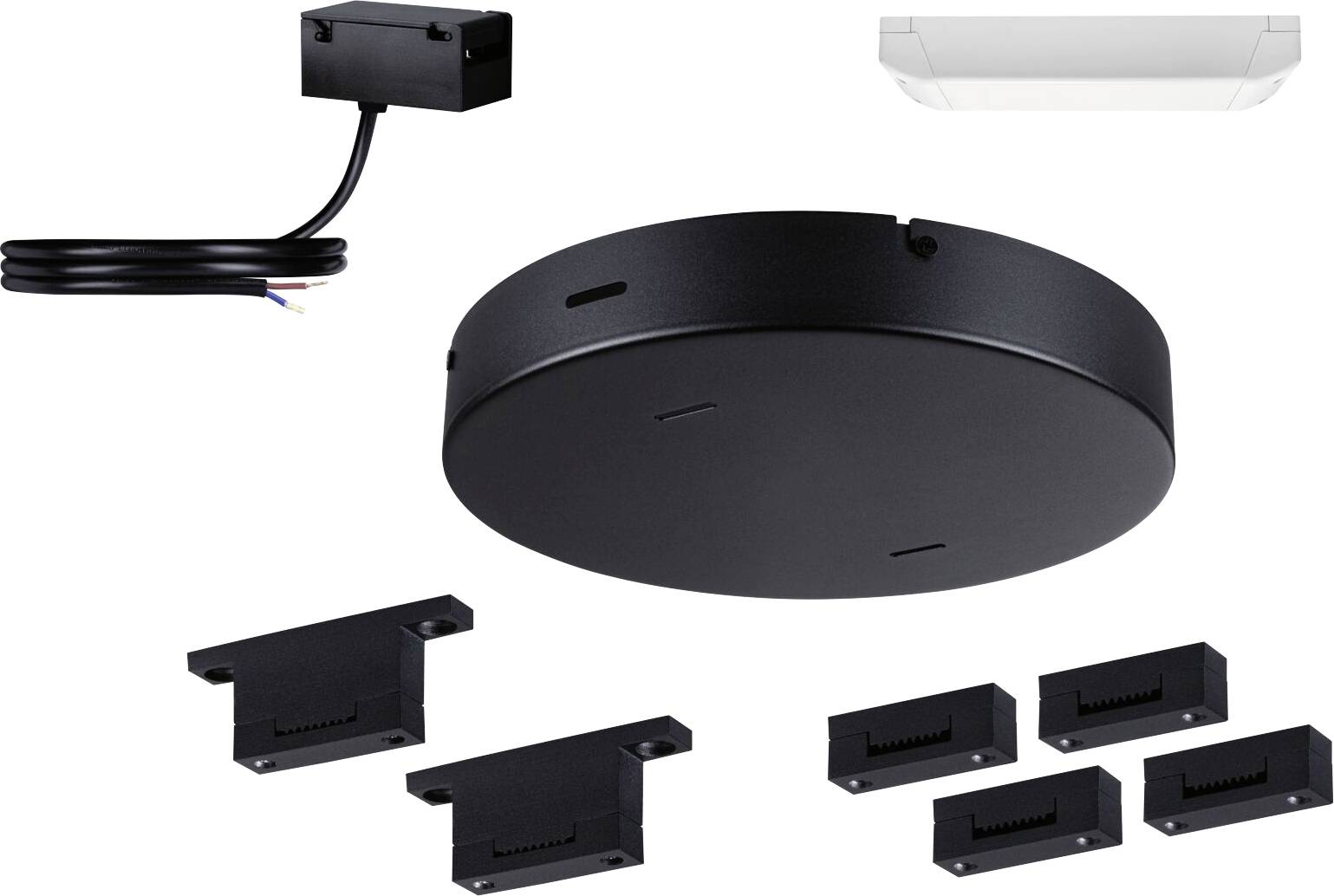 Runder schwarzer Deckenanschluss und verschiedene schwarze Zubehörteile für Lichtsystemmontage. Ein schwarzes Kabel ist angeschlossen.