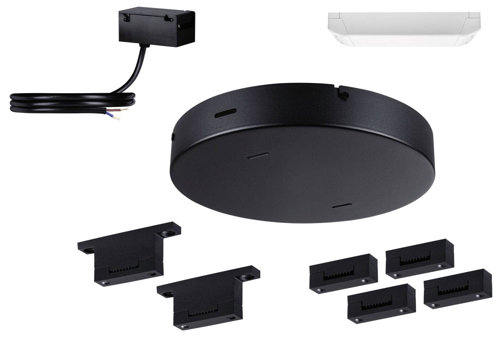 Schwarzes Deckenhalterungs-Set mit mehreren Komponenten, darunter eine runde Basis und Befestigungsclips, zur Installation von Beleuchtung.