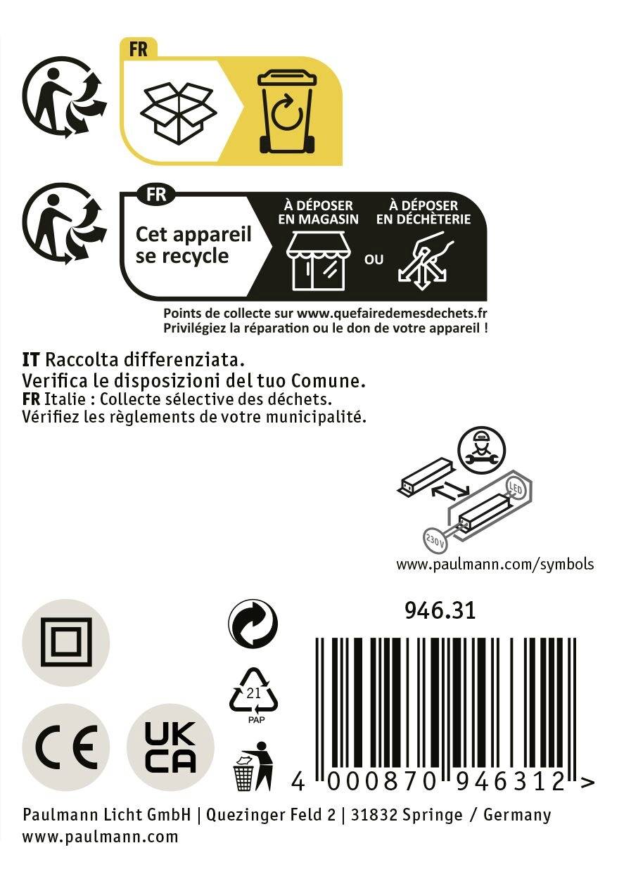 Etikett eines Elektrogeräts in Französisch, Italienisch und Deutsch, das Recycling- und Entsorgungshinweise sowie Symbole und eine Produktnummer enthält.