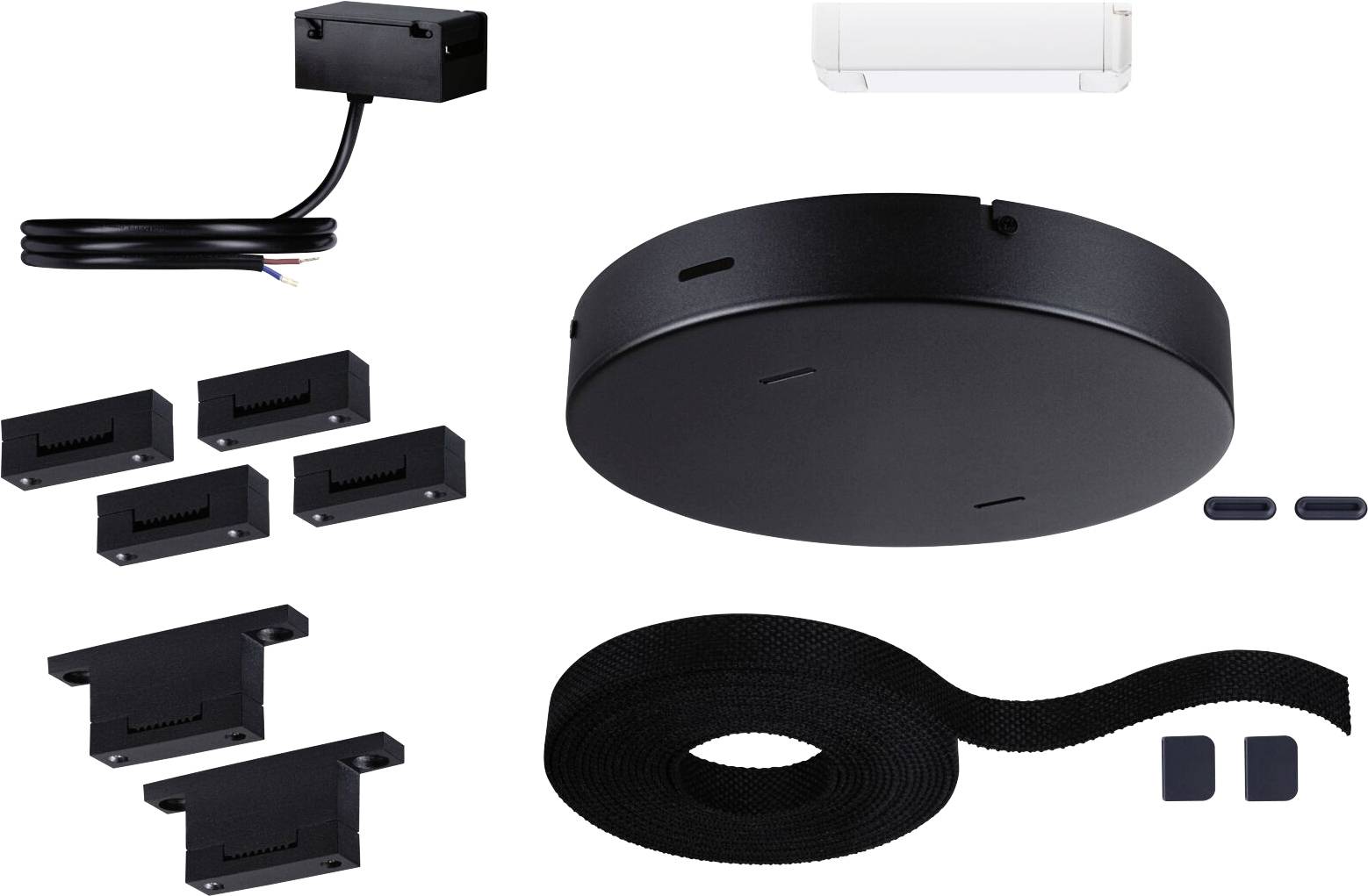 Ein schwarzes Deckenmontageset mit Kabel, Befestigungen und Clips, wahrscheinlich für die Installation von Beleuchtung oder Technik.