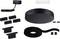 Ein schwarzes Deckenmontageset mit Kabel, Befestigungen und Clips, wahrscheinlich für die Installation von Beleuchtung oder Technik.