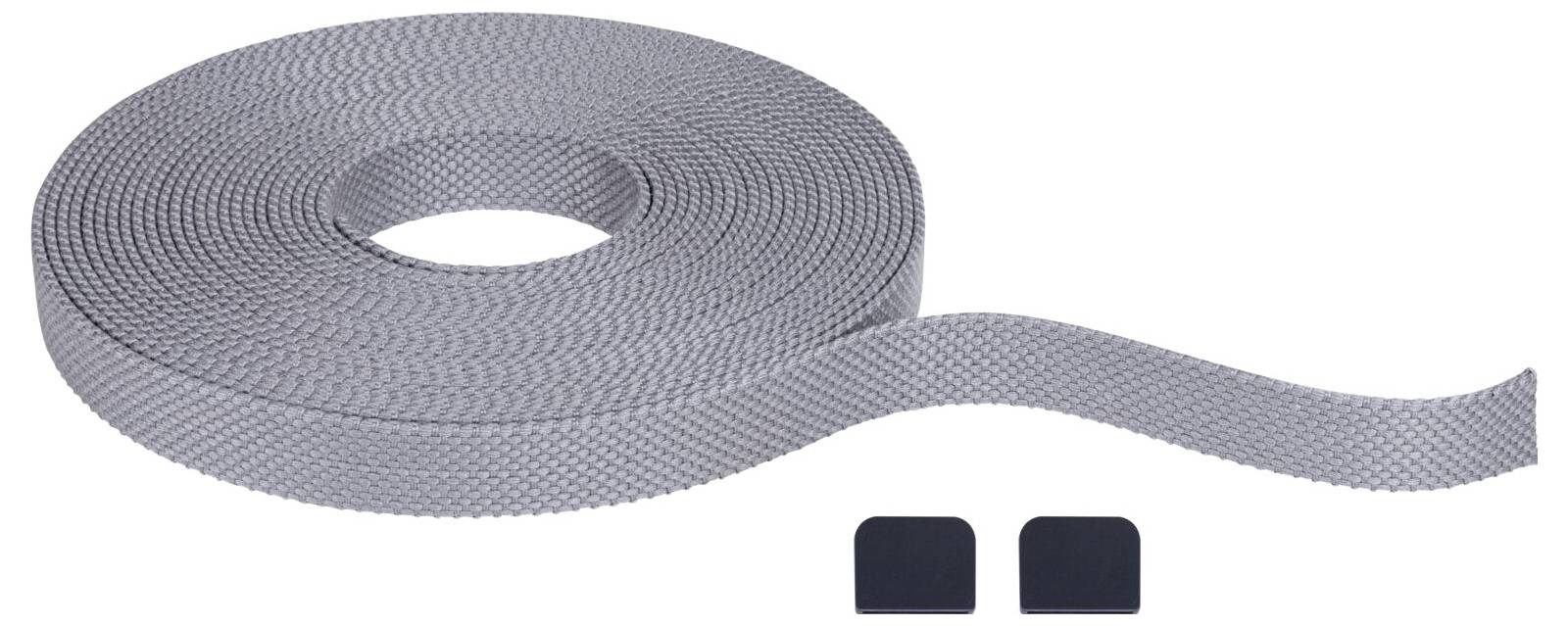 Eine graue Klettrolle mit zwei schwarzen Klebequadraten. Verwendet zum Befestigen oder Organisieren von Kabeln und anderen Gegenständen.