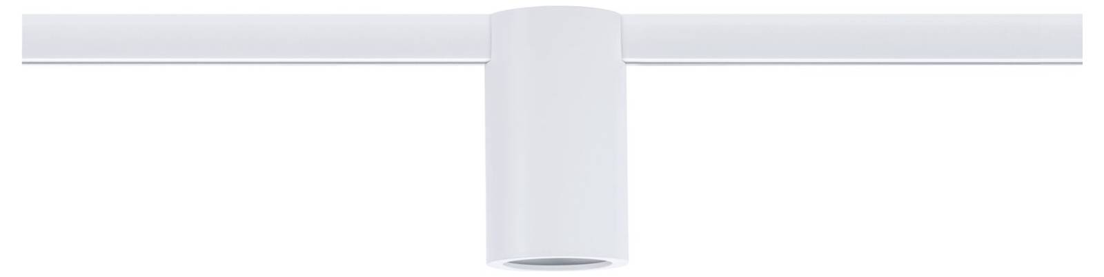Weiße, zylindrische Deckenleuchte montiert an einer geraden Schiene. Modernes Design, für Innenbeleuchtung geeignet.