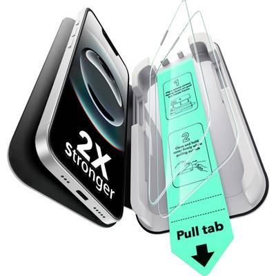 Handyverpackung mit Bildschirmfolie, die Anweisungen für das Anbringen zeigt, und einem Pfeil mit der Aufschrift 'Pull tab'.