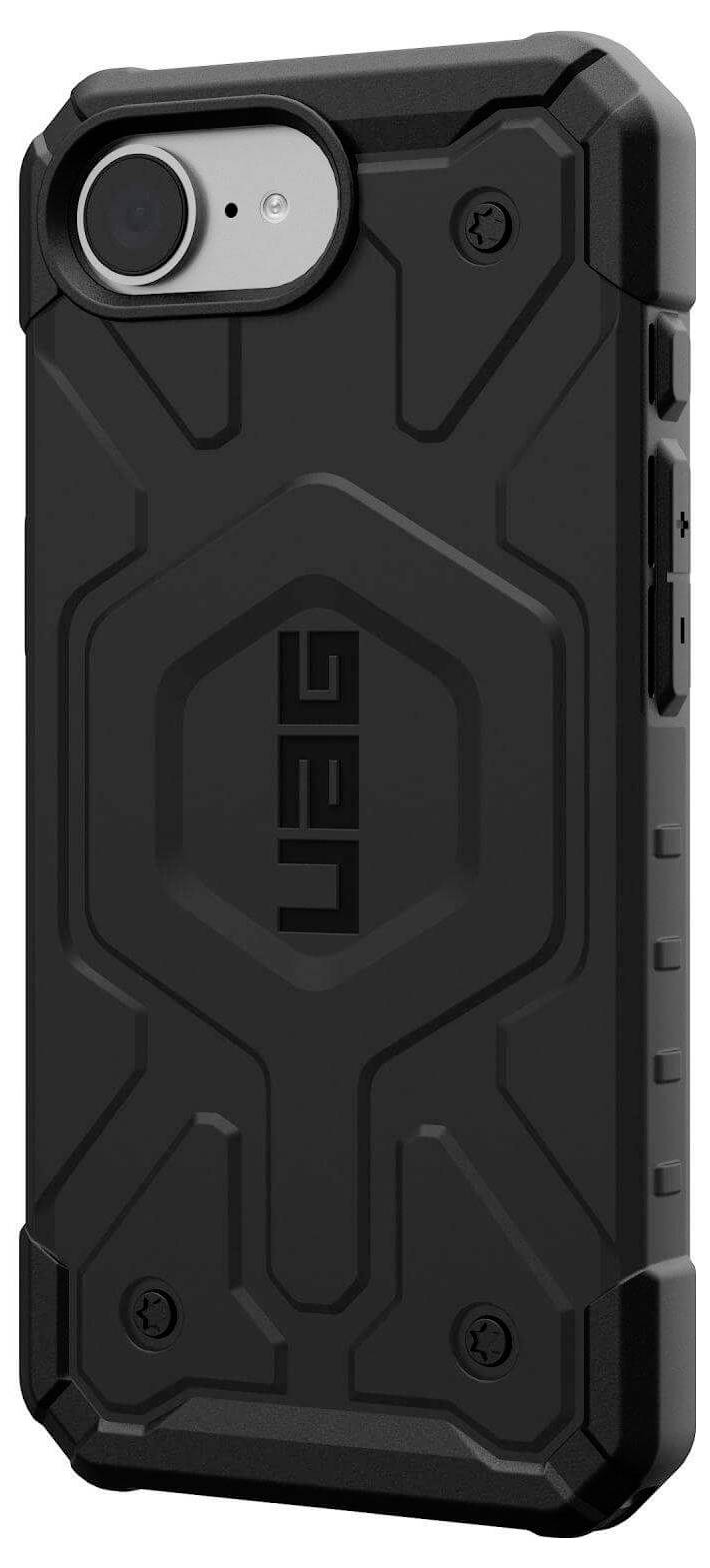Schwarze, robuste Handyhülle mit strukturiertem Design und Aussparungen für Kamera und Tasten, bietet maximalen Schutz.