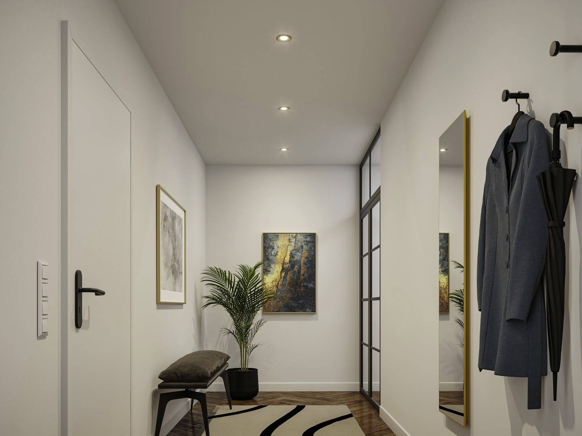 Moderner Flur mit Wandkunst, Bank, Pflanze, großem Spiegel und Mantel an Haken; ruhige, minimalistische Einrichtung.