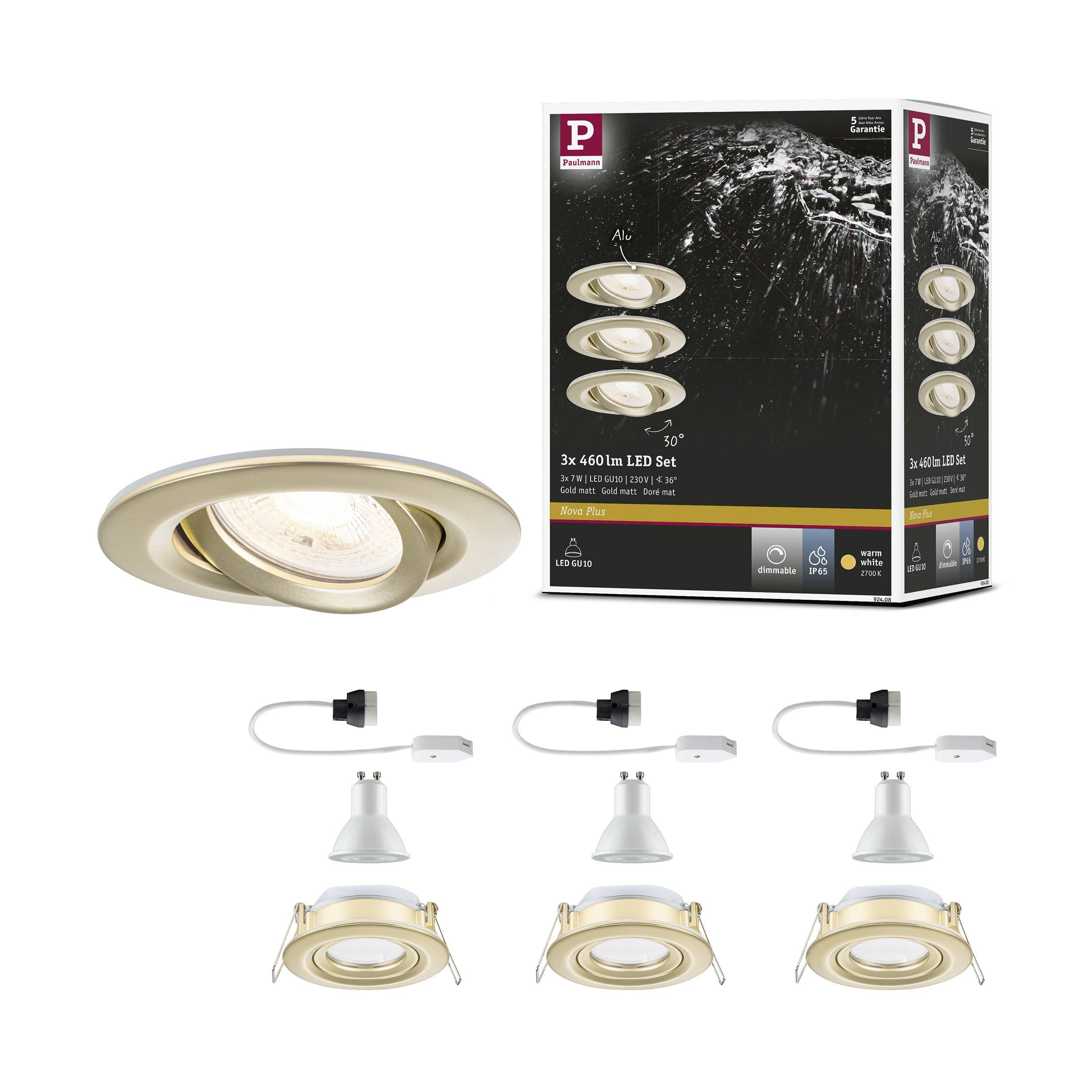LED-Einbauspot-Set: Drei runde, schwenkbare Spots in gebürstetem Messing mit 460 Lumen pro Spot. Inklusive Trafo und Anschlusskabel.