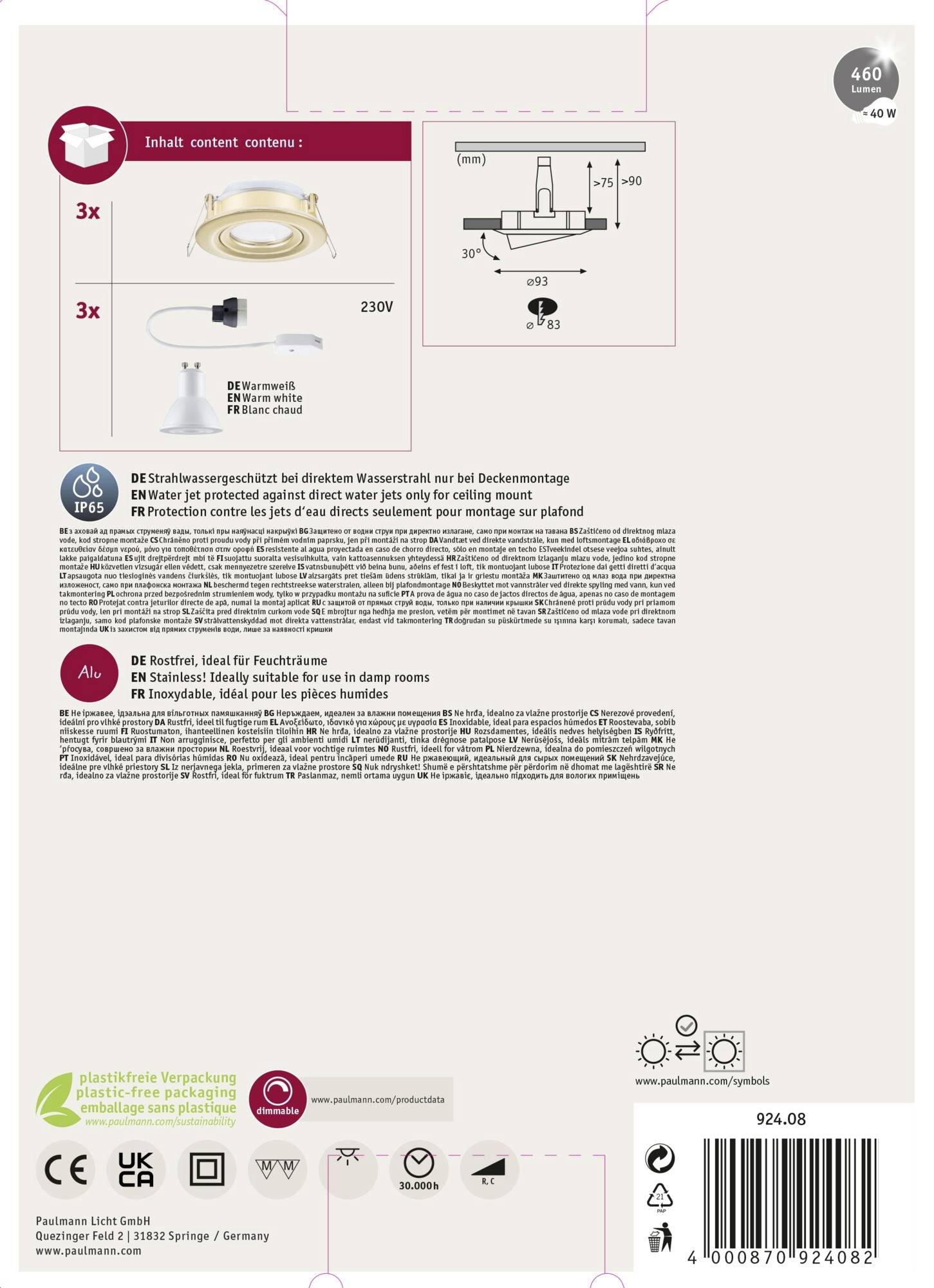 'Set mit Einbaustrahler, 230V, drei Stück, für Deckenmontage. Inklusive GU10-Fassungen und Anleitung. Geeignet für feuchte Räume.'