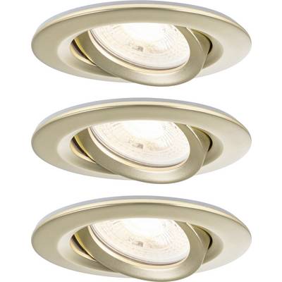 Drei runde, schwenkbare Deckenstrahler in gebürsteter Metalloptik, jeweils mit einer sichtbaren LED-Lampe. Ideal für Spotbeleuchtung.