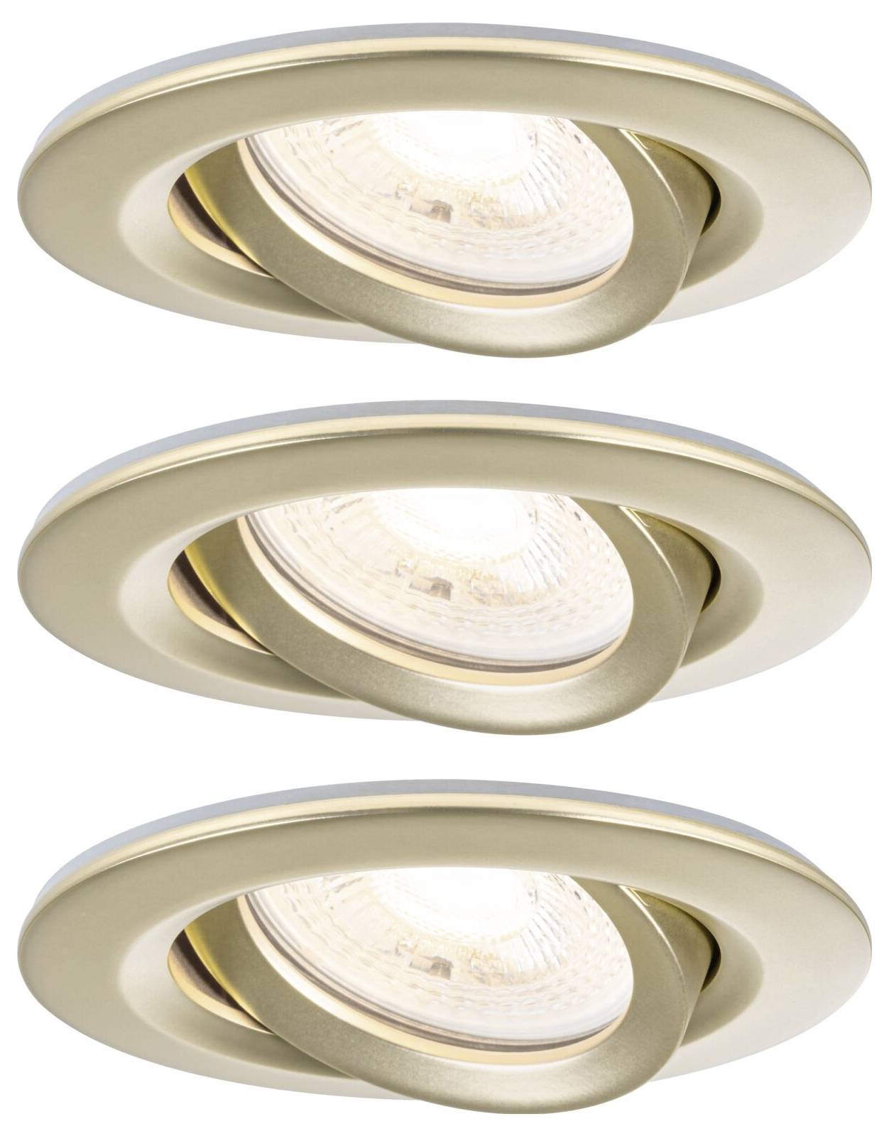 Drei goldene Einbaustrahler mit verstellbarem Lichtrichtung. Ideal für stimmungsvolle Beleuchtung in Wohnräumen.