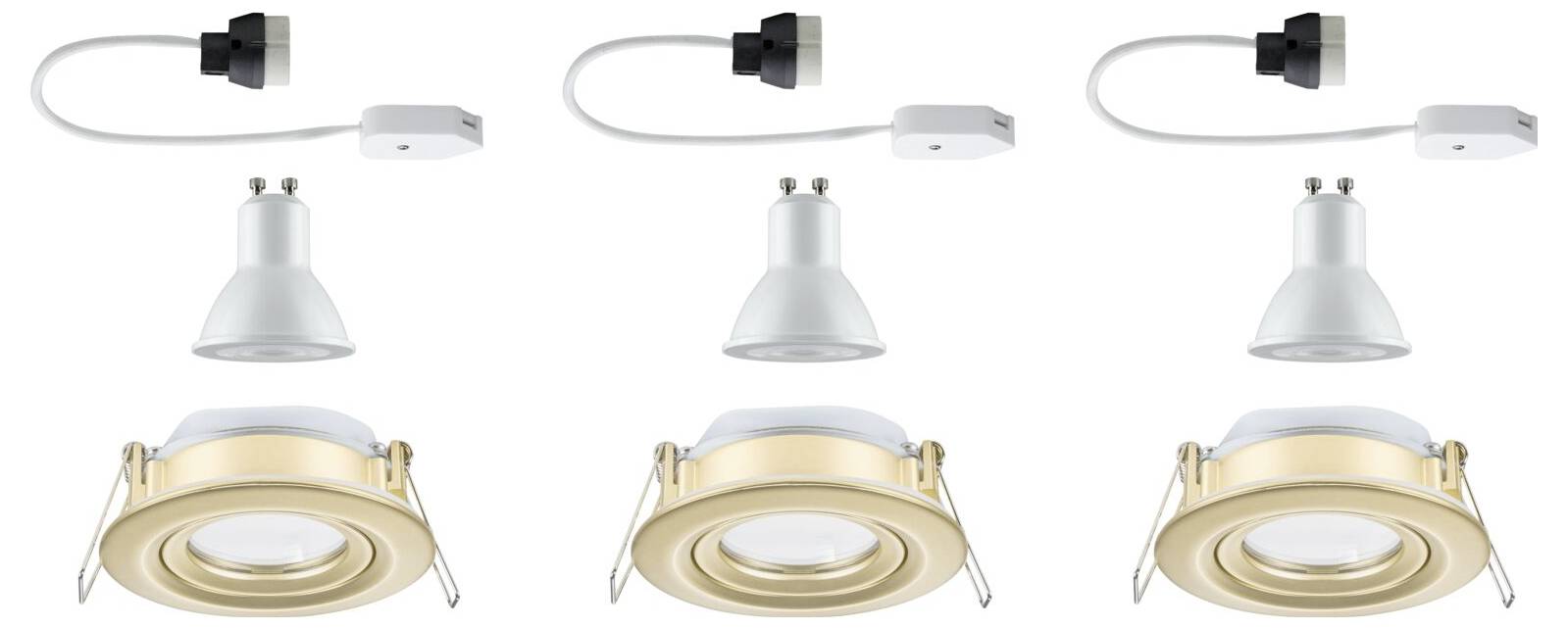 Drei LED-Einbauleuchten mit goldenen Rahmen, jeweils bestehend aus LED-Lampe, Sockel und Anschlusskabel, der zur Montage bereit ist.
