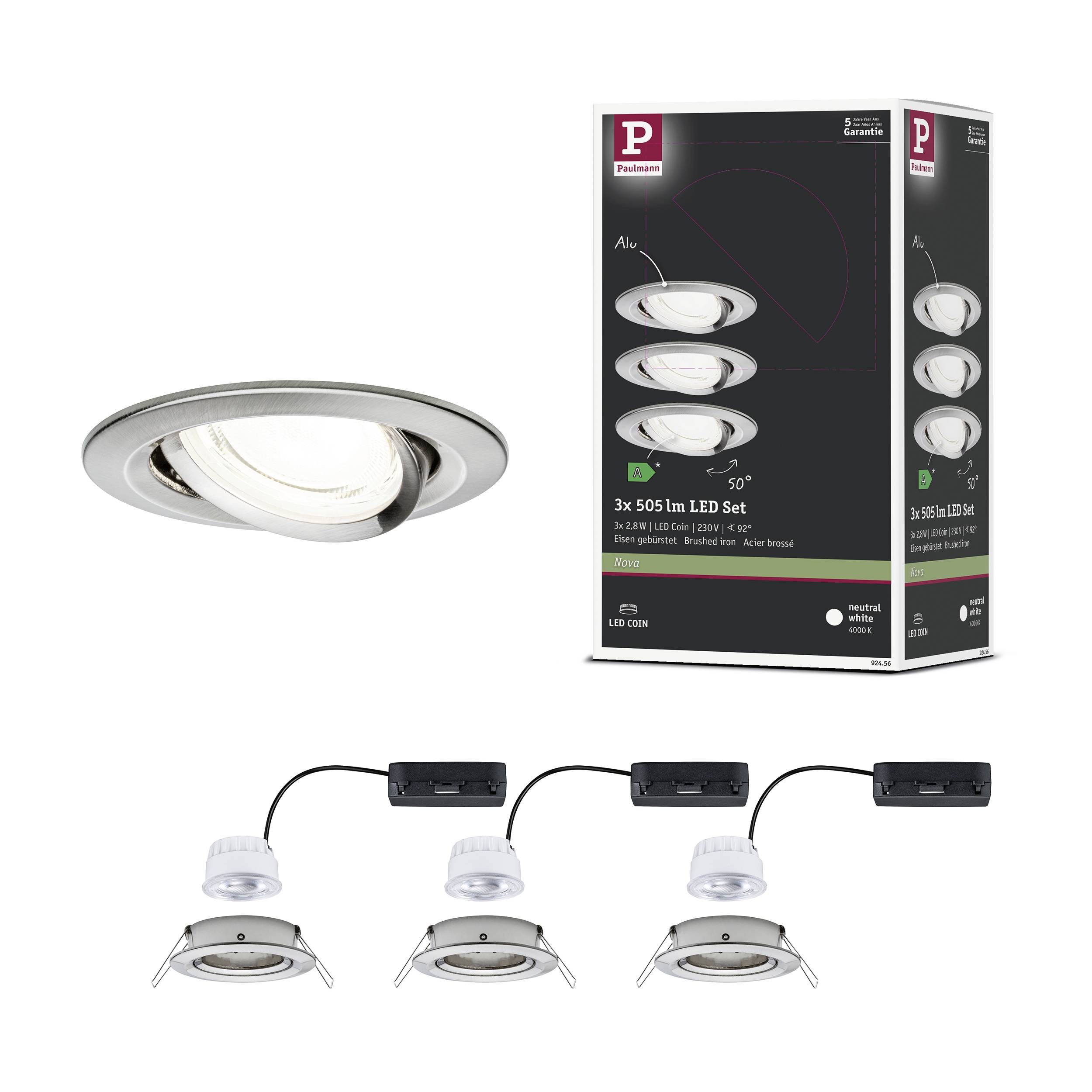 Ein LED-Einbauset mit drei runden, silbernen Leuchten. Auf der Verpackung sind Abbildungen und technische Details zum Produkt abgebildet.
