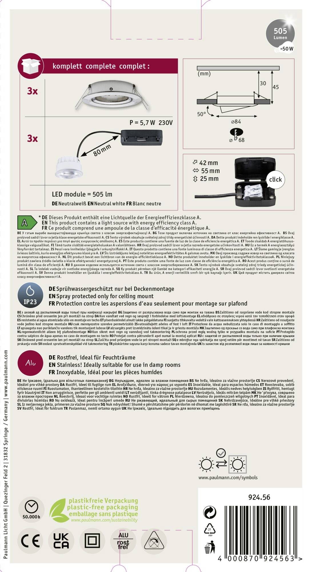 'Anleitung für Deckenleuchte: Enthält Montageanleitung, technische Zeichnung, Abmessungen, Spannung (230V), Stromverbrauch (5,7W), Helligkeit (505 lm).'
