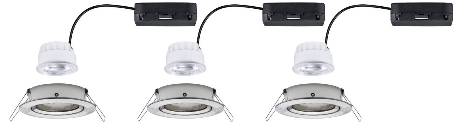 Drei runde Einbauleuchten mit weißen LED-Lampen und schwarzen Anschlusskästen, verbunden durch Kabel.