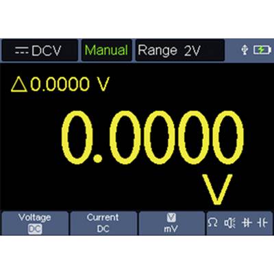 Ein digitales Multimeter-Display, das '0,0000 V' zeigt, mit Optionen für Gleichspannung, Stromstärke und einem Messbereich von 2 V, was den manuellen Modus anzeigt.