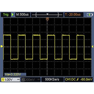 Auf dem Bildschirm des Oszilloskops wird ein gelbes Rechtecksignal mit einer Periodendauer von 500 Mikrosekunden und einer Amplitude von ungefähr 3,32 Volt dargestellt.