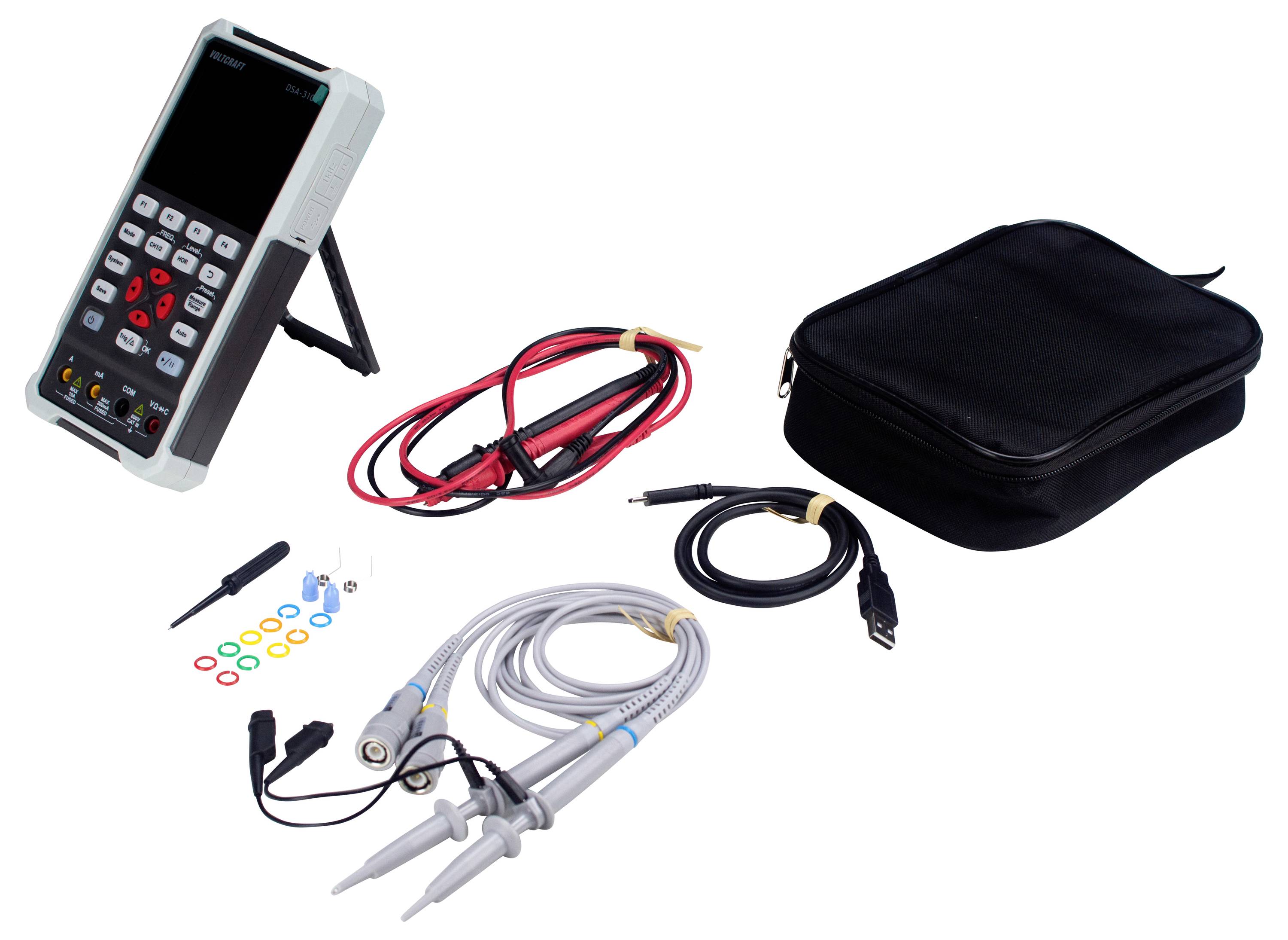 'Digitales Multimeter-Set mit Kabeln, Messspitzen, Ringen und einer schwarzen Tragetasche.'